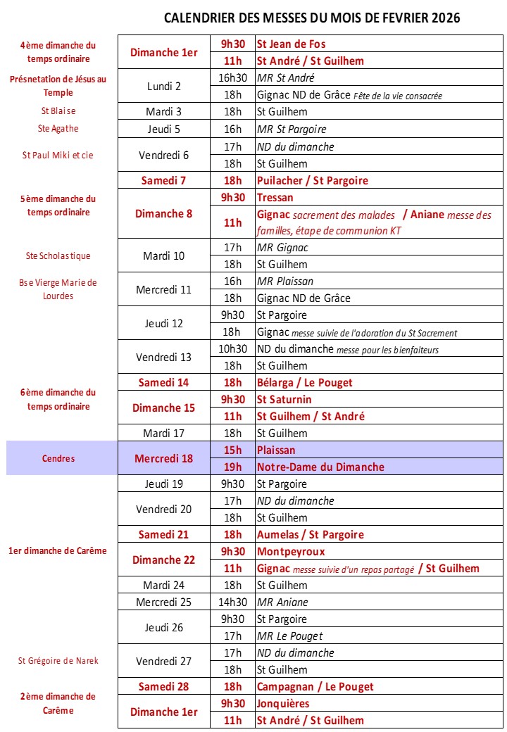 Calendrier des messes février 2026