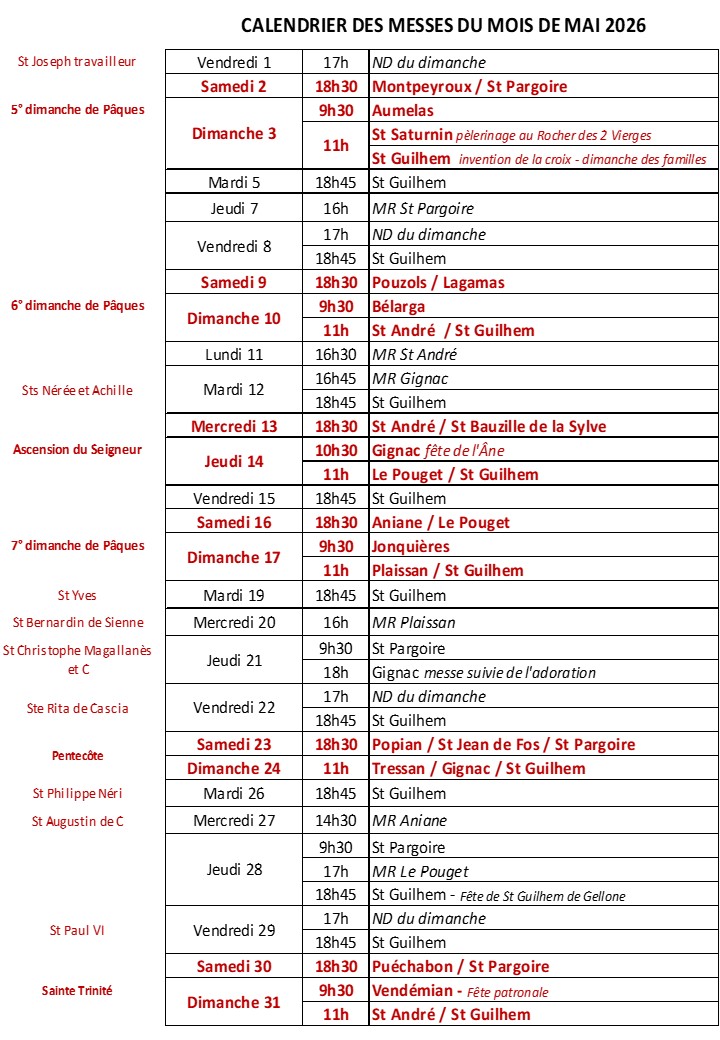 Calendrier des messes mai 2026